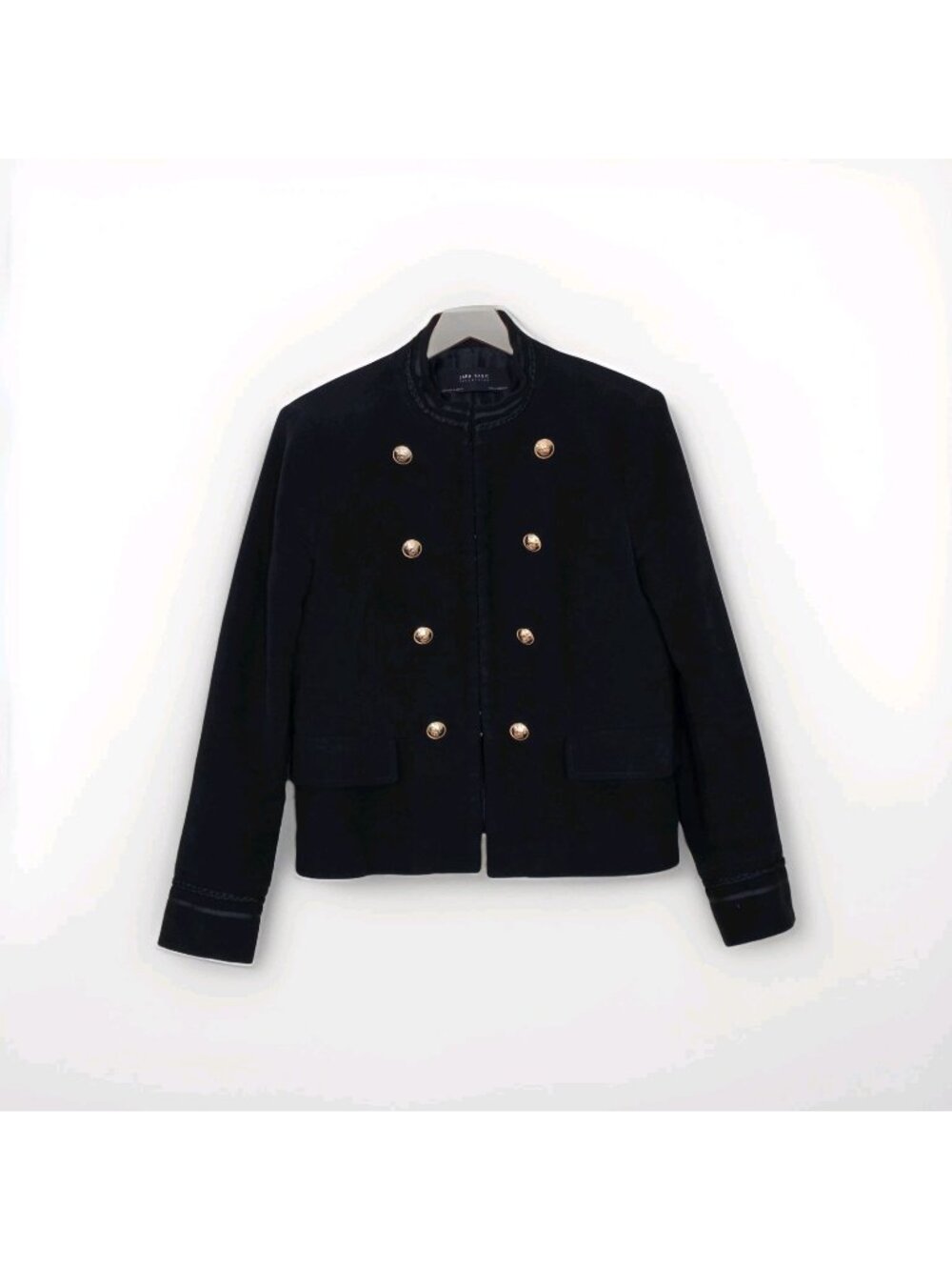 Zara Basic Military Band Jacket XL Black Gold Crest Buttons Cotton Dark Academia